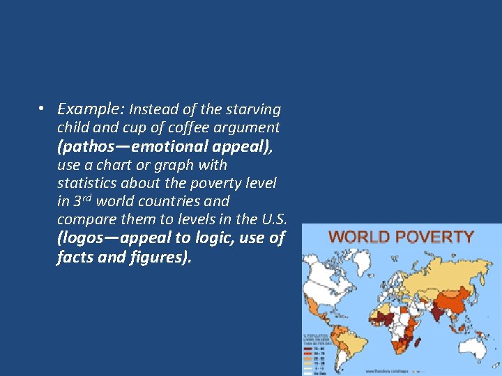  • Example: Instead of the starving child and cup of coffee argument (pathos—emotional