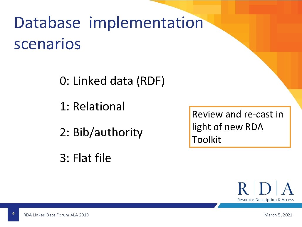 Database implementation scenarios 0: Linked data (RDF) 1: Relational 2: Bib/authority Review and re-cast