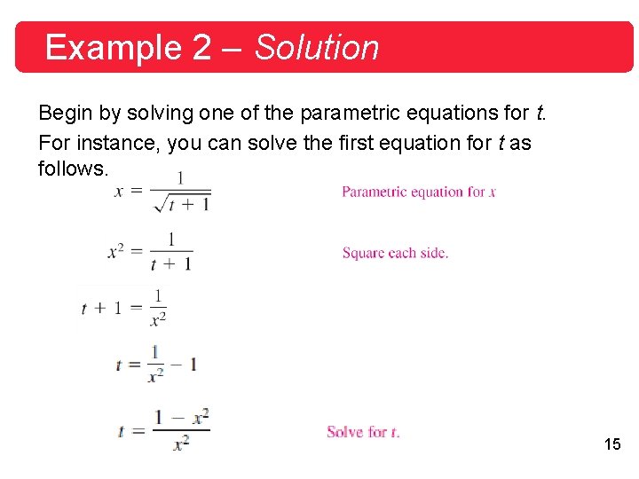 Example 2 – Solution Begin by solving one of the parametric equations for t. Example 2 – Solution Begin by solving one of the parametric equations for t.