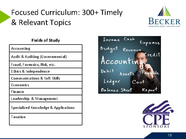 Focused Curriculum: 300+ Timely & Relevant Topics Fields of Study Accounting Audit & Auditing