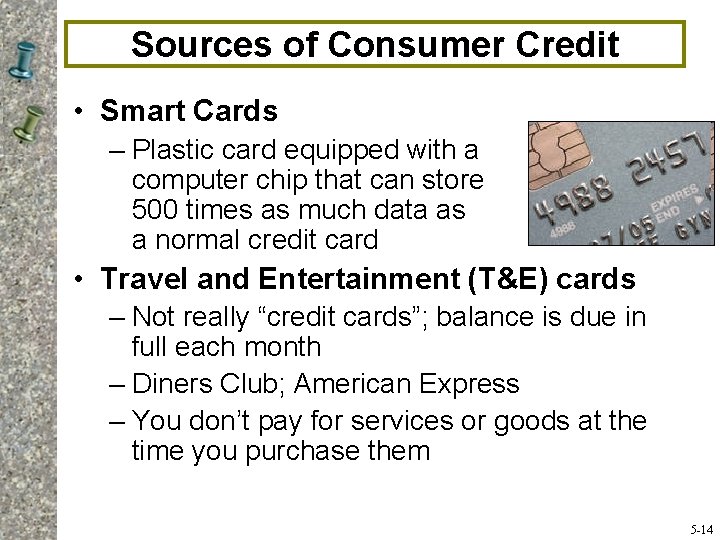 Sources of Consumer Credit • Smart Cards – Plastic card equipped with a computer