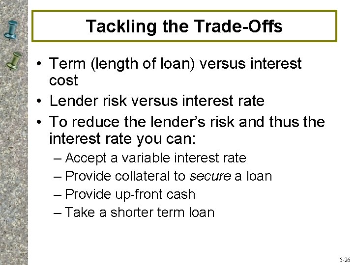 Tackling the Trade-Offs • Term (length of loan) versus interest cost • Lender risk