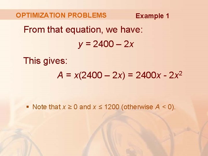 OPTIMIZATION PROBLEMS Example 1 From that equation, we have: y = 2400 – 2