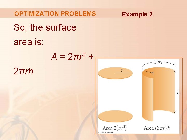 OPTIMIZATION PROBLEMS So, the surface area is: A = 2πr 2 + 2πrh Example