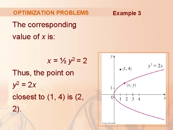 OPTIMIZATION PROBLEMS The corresponding value of x is: x = ½ y 2 =
