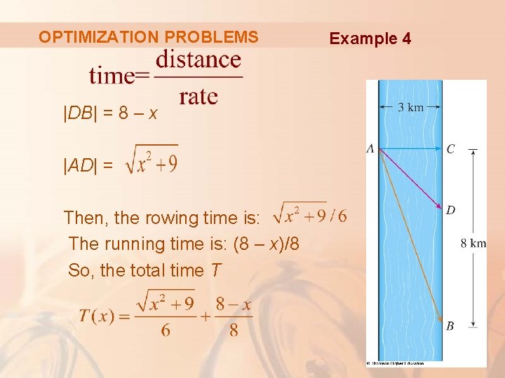 OPTIMIZATION PROBLEMS |DB| = 8 – x |AD| = Then, the rowing time is: