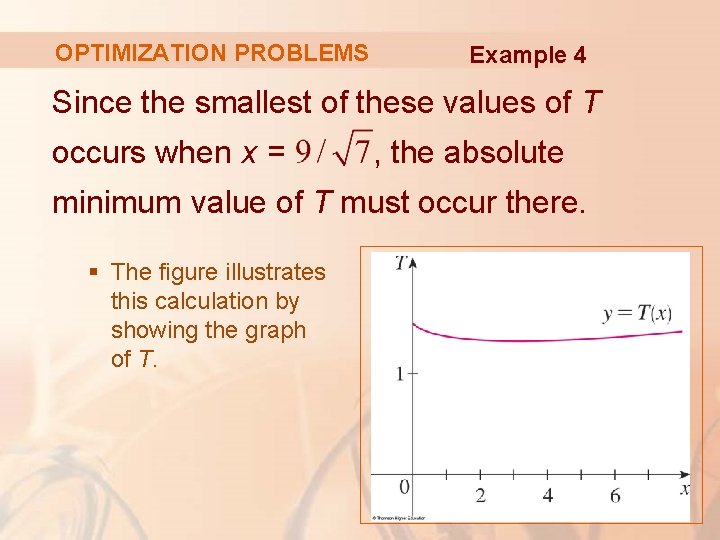 OPTIMIZATION PROBLEMS Example 4 Since the smallest of these values of T occurs when