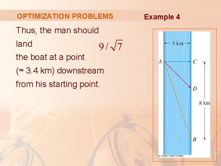 OPTIMIZATION PROBLEMS Thus, the man should land the boat at a point (≈ 3.