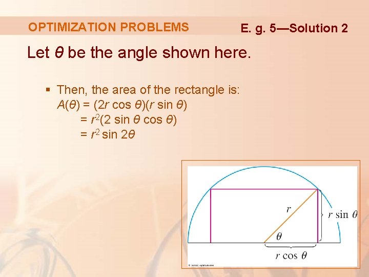 OPTIMIZATION PROBLEMS E. g. 5—Solution 2 Let θ be the angle shown here. §