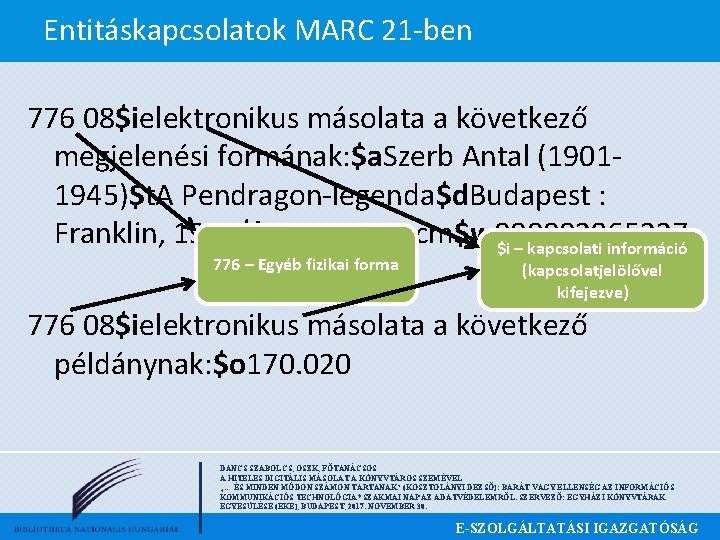 Entitáskapcsolatok MARC 21 -ben 776 08$ielektronikus másolata a következő megjelenési formának: $a. Szerb Antal