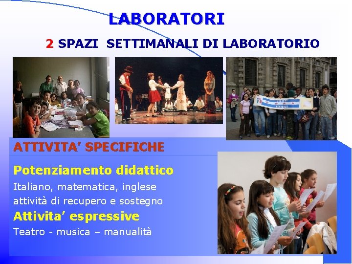LABORATORI 2 SPAZI SETTIMANALI DI LABORATORIO ATTIVITA’ SPECIFICHE Potenziamento didattico Italiano, matematica, inglese attività