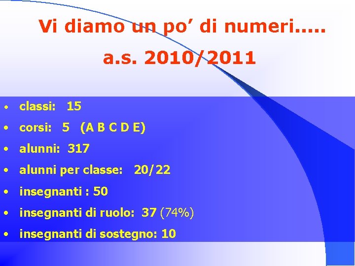  Vi diamo un po’ di numeri. . . a. s. 2010/2011 • classi: