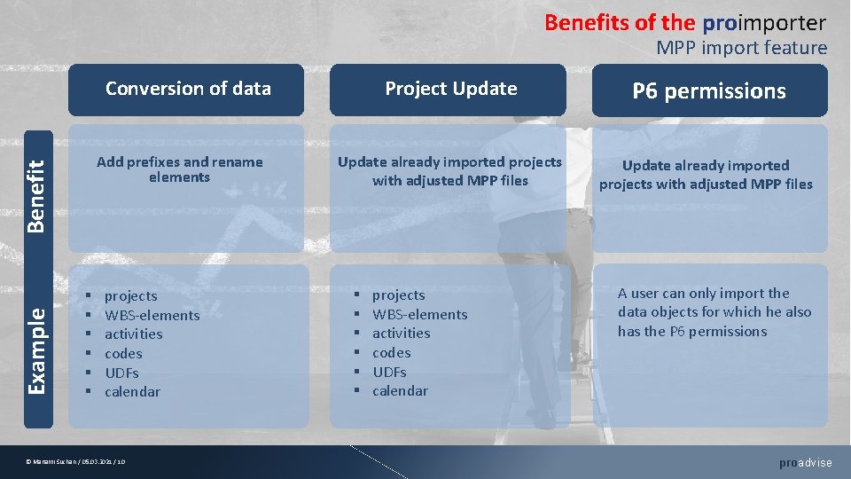 Benefits of the proimporter MPP import feature Conversion of data Example Benefit Add prefixes