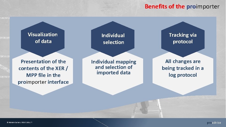 Benefits of the proimporter Visualization of data Individual selection Tracking via protocol Presentation of
