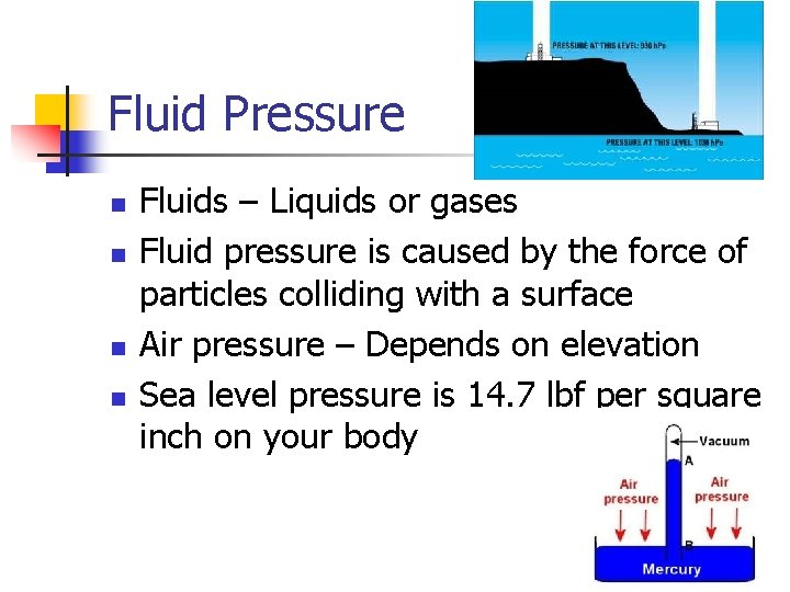 Fluid Pressure n n Fluids – Liquids or gases Fluid pressure is caused by