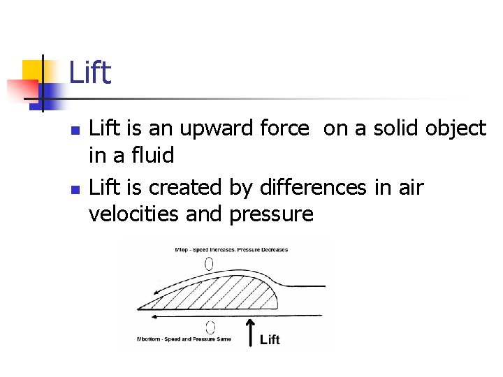 Lift n n Lift is an upward force on a solid object in a