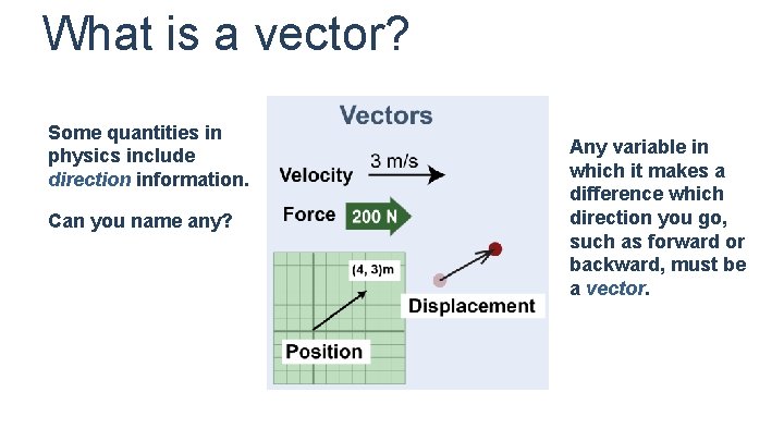 What is a vector? Some quantities in physics include direction information. Can you name