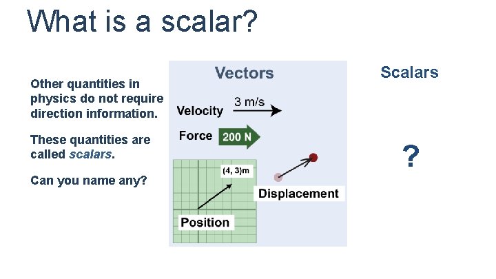 What is a scalar? Other quantities in physics do not require direction information. These