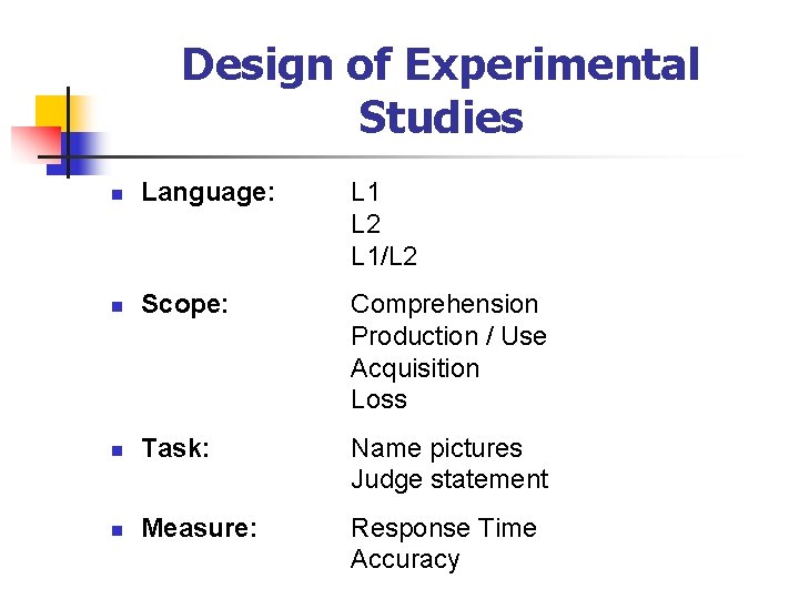 Design of Experimental Studies n Language: L 1 L 2 L 1/L 2 n