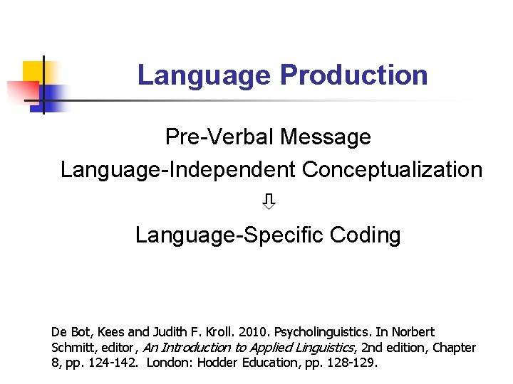 Language Production Pre-Verbal Message Language-Independent Conceptualization Language-Specific Coding De Bot, Kees and Judith F.