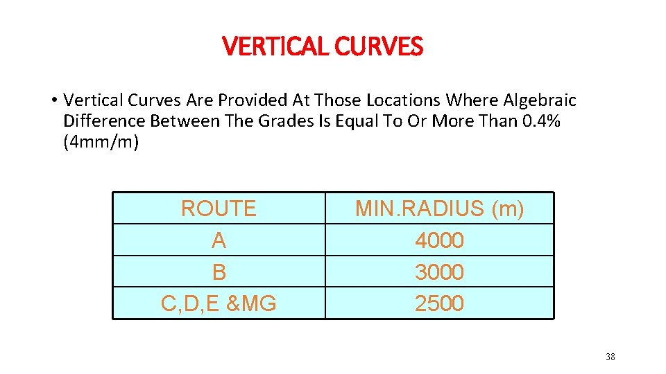 VERTICAL CURVES • Vertical Curves Are Provided At Those Locations Where Algebraic Difference Between