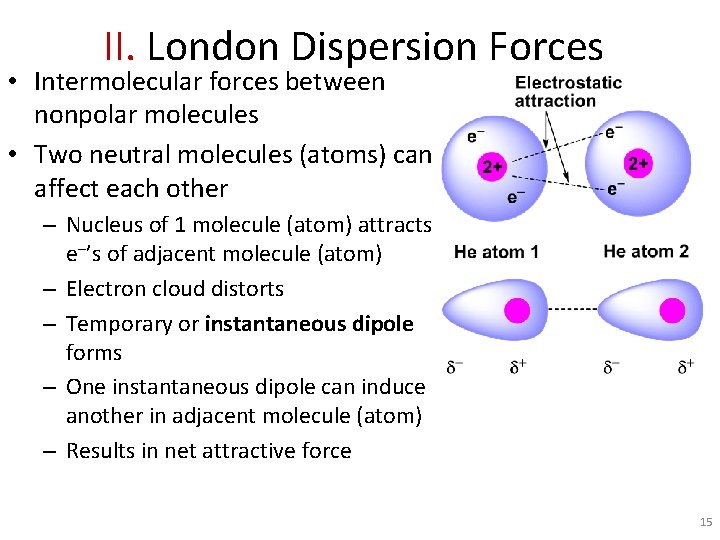II. London Dispersion Forces • Intermolecular forces between nonpolar molecules • Two neutral molecules