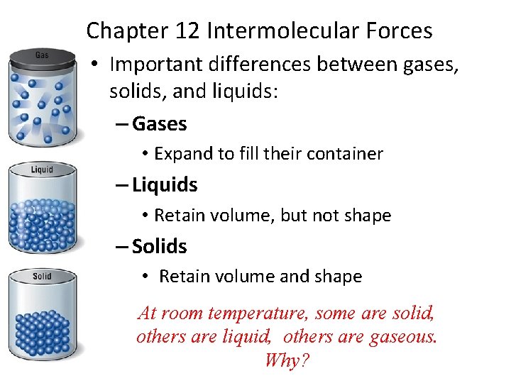 Chapter 12 Intermolecular Forces • Important differences between gases, solids, and liquids: – Gases