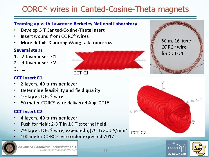 CORC® wires in Canted-Cosine-Theta magnets Teaming up with Lawrence Berkeley National Laboratory • Develop