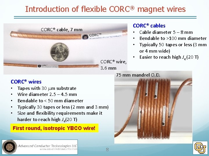 Introduction of flexible CORC® magnet wires CORC® cable, 7 mm CORC® wires • •