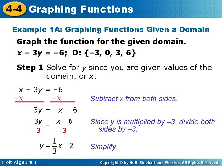 4 -4 Graphing Functions Example 1 A: Graphing Functions Given a Domain Graph the