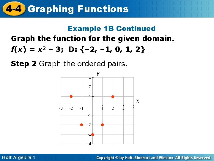 4 -4 Graphing Functions Example 1 B Continued Graph the function for the given