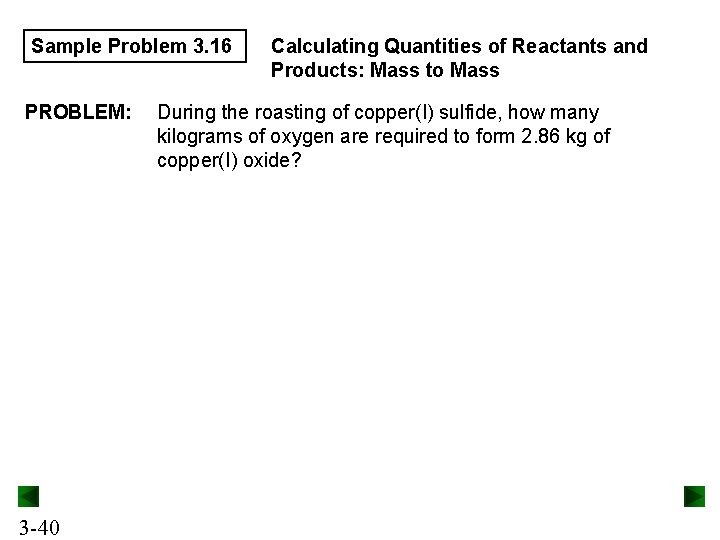 Sample Problem 3. 16 PROBLEM: 3 -40 Calculating Quantities of Reactants and Products: Mass Sample Problem 3. 16 PROBLEM: 3 -40 Calculating Quantities of Reactants and Products: Mass
