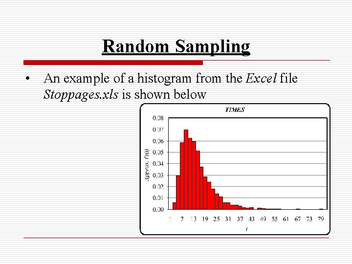 Random Sampling • An example of a histogram from the Excel file Stoppages. xls