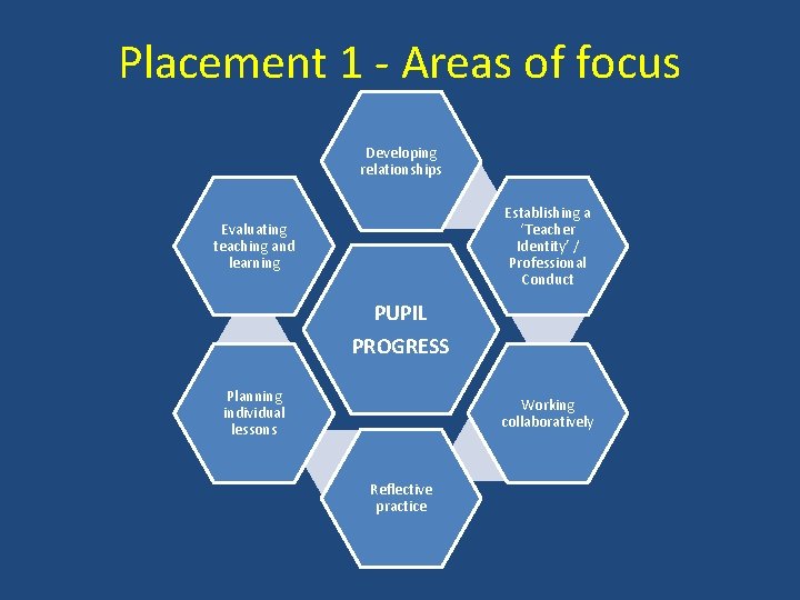 Placement 1 - Areas of focus Developing relationships Establishing a ‘Teacher Identity’ / Professional
