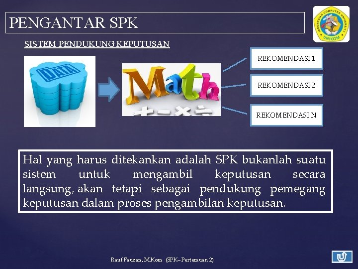 PENGANTAR SPK SISTEM PENDUKUNG KEPUTUSAN REKOMENDASI 1 REKOMENDASI 2 REKOMENDASI N Hal yang harus