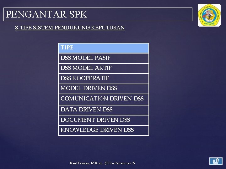 PENGANTAR SPK 8 TIPE SISTEM PENDUKUNG KEPUTUSAN TIPE DSS MODEL PASIF DSS MODEL AKTIF
