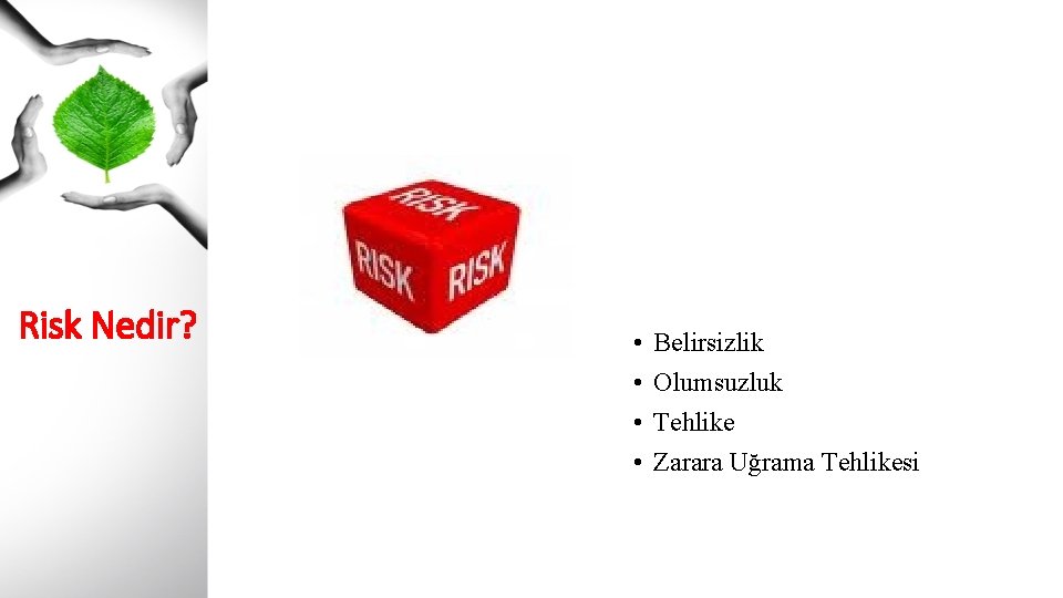 Risk Nedir? • • Belirsizlik Olumsuzluk Tehlike Zarara Uğrama Tehlikesi 