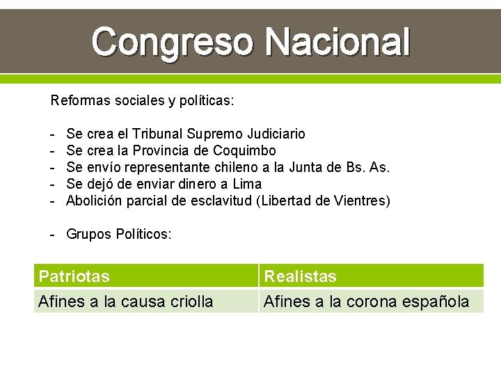 Congreso Nacional Reformas sociales y políticas: - Se crea el Tribunal Supremo Judiciario Se