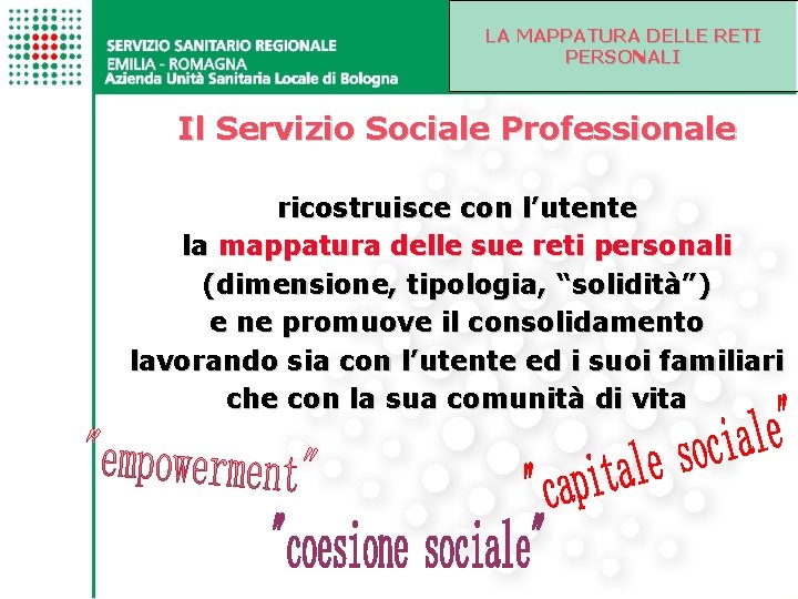 LA MAPPATURA DELLE RETI PERSONALI Il Servizio Sociale Professionale ricostruisce con l’utente la mappatura