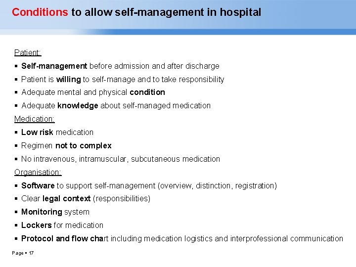 Conditions to allow self-management in hospital Patient: Self-management before admission and after discharge Patient