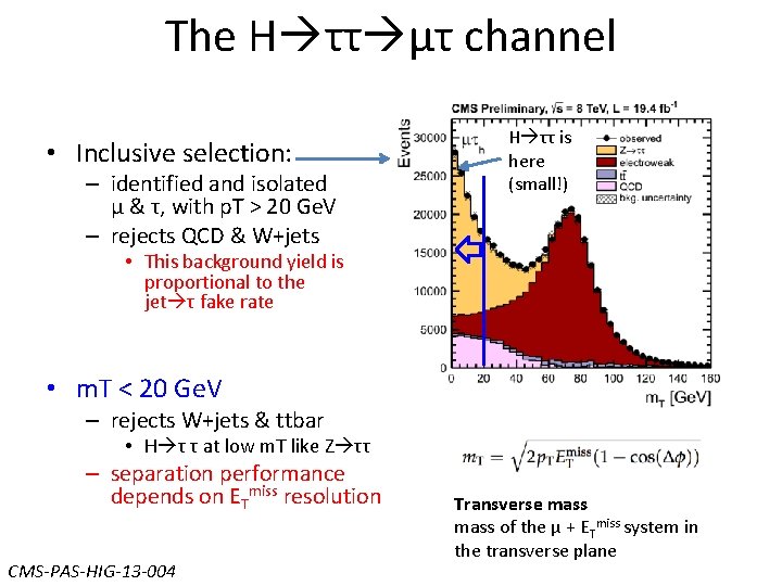 The H ττ μτ channel • Inclusive selection: – identified and isolated μ & The H ττ μτ channel • Inclusive selection: – identified and isolated μ &