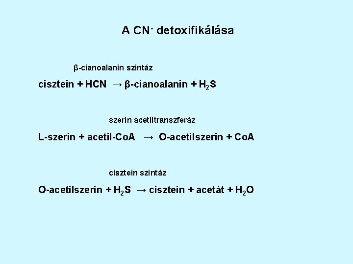 A CN- detoxifikálása β-cianoalanin szintáz cisztein + HCN → β-cianoalanin + H 2 S