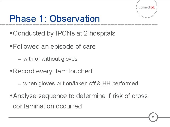 Phase 1: Observation • Conducted by IPCNs at 2 hospitals • Followed an episode