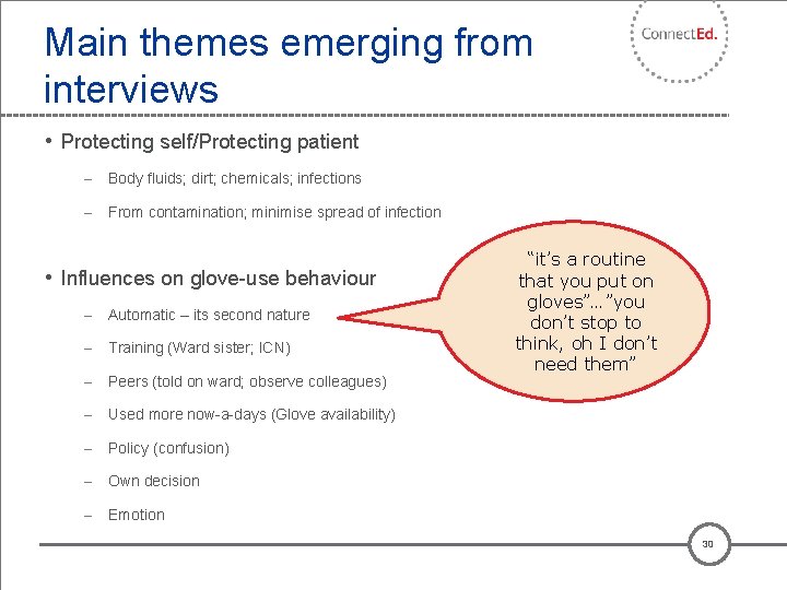 Main themes emerging from interviews • Protecting self/Protecting patient – Body fluids; dirt; chemicals;