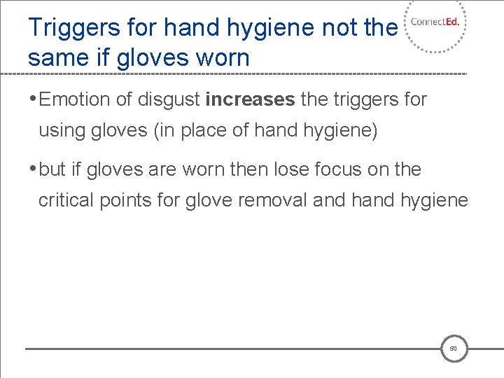 Triggers for hand hygiene not the same if gloves worn • Emotion of disgust