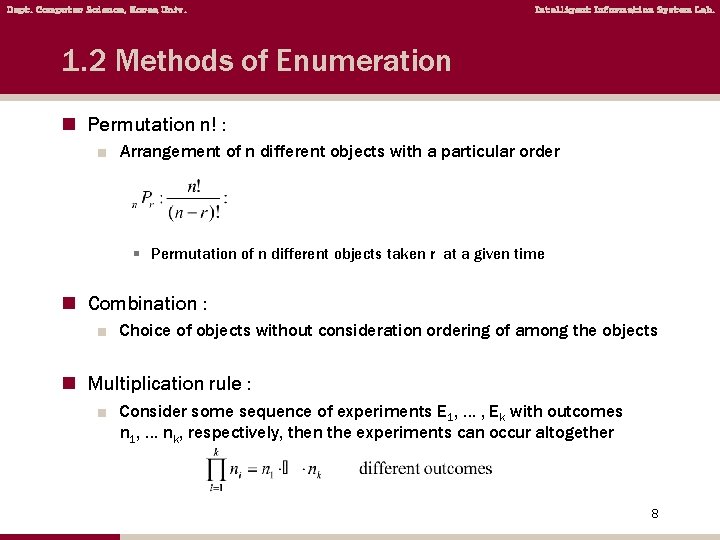 Dept. Computer Science, Korea Univ. Intelligent Information System Lab. 1. 2 Methods of Enumeration