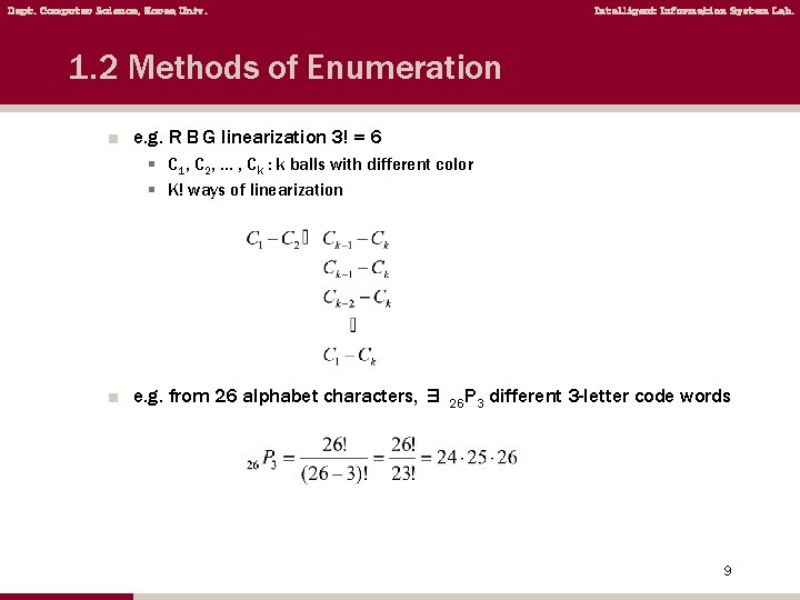 Dept. Computer Science, Korea Univ. Intelligent Information System Lab. 1. 2 Methods of Enumeration