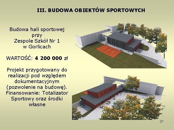III. BUDOWA OBIEKTÓW SPORTOWYCH Budowa hali sportowej przy Zespole Szkół Nr 1 w Gorlicach