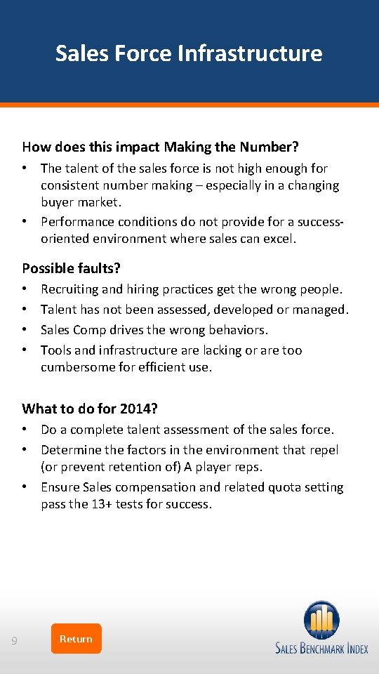 Sales Force Infrastructure How does this impact Making the Number? • The talent of