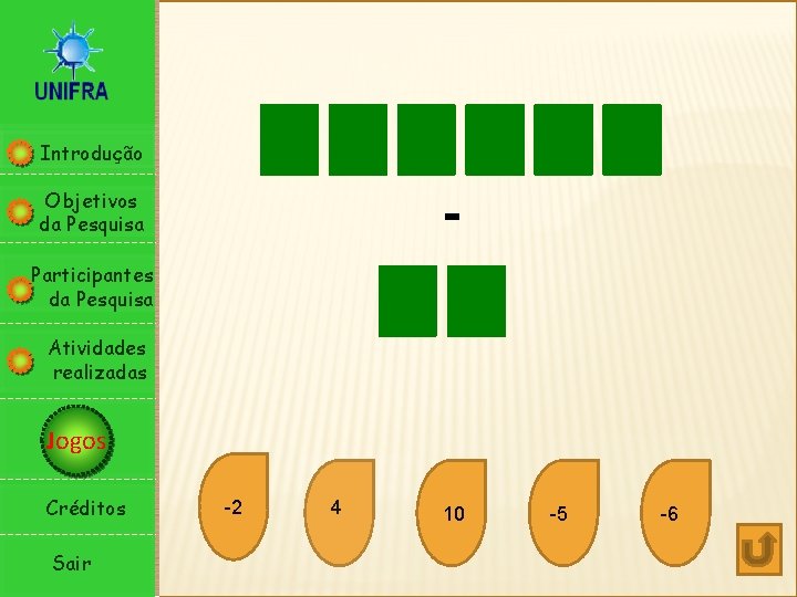 Introdução - Objetivos da Pesquisa Participantes da Pesquisa Atividades realizadas Jogos Créditos Sair -2